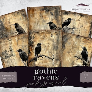 Raven Junk Journal, Vintage Gothic Crow, 6 Digital Journal Paper, Printable Nature Ephemera, Woodland Paper Craft, Collage Sheet 8.5 x 11