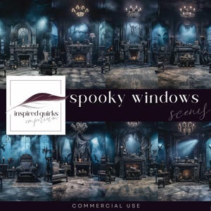 Haunted Mansion Backdrop, Halloween House Junk Journal Paper, Spooky Windows Background, Dark Fantasy Journal Pages, Creepy Photo Scene