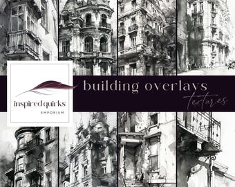 Building Overlays, Monochrome Textures, Digital Download, Photoshop Papers, City Street Backdrop, Black White Pages for Junk Journals