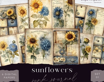 Sunflower Junk Journal Digital Kit, 6 Digital Journal Paper, Printable Vintage Ephemera, Paper Craft, Collage Sheet 11 x 8.5, Scrapbook Page