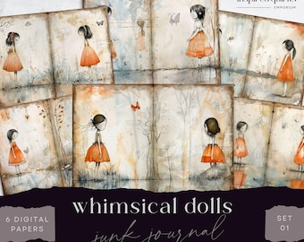 Whimsical Girls Junk Journal Pages, Orange Vintage Dolls, 6 Digital Journal Pages, Printable Ephemera, Paper Craft, Collage Sheet 11 x 8.5