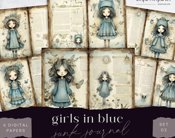 Whimsical Girls Junk Journal Pages, Blue Botanical Dolls, 6 Digital Journal Pages, Printable Ephemera Paper Craft, Collage Sheet 11 x 8.5