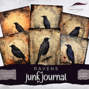 Raven Junk Journal, Vintage Crow, 6 Digital Journal Paper, Printable Gothic Night Ephemera, Paper Craft, Blackbird Collage Sheet 8.5 x 11