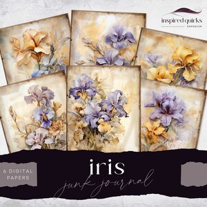 Iris Junk Journal mauve, fleurs de printemps, 6 feuilles de journal numérique, imprimables éphémères floraux jaunes, créations en papier, feuille de collage 8,5 x 11