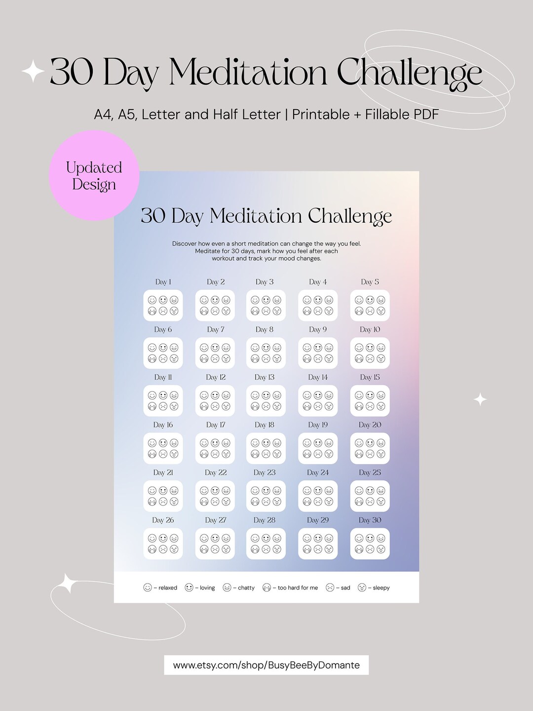 30 Day Meditation Tracker Printable Instant Download Health & Wellness ...