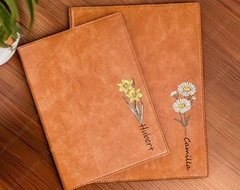Refillable Journal With Birth Flower, Personalized Birth Flower Journal, Custom Name Diary For Women, Minimalist Birth Month Flower Gift
