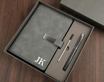 Personalized Leather Journal Set, Notebook And Pen Set, New Job Or Teacher Present, Initials Notebook Present, Travel Size Journal