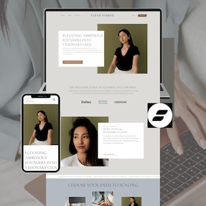 May include: A website design mockup displayed on a laptop and smartphone screen, featuring the name Sarah Parker. The layout includes text about elevating founders, business scaling, and logos for Forbes, Business Insider, and Cosmopolitan.