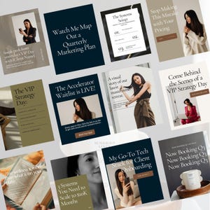 May include: A collection of twelve digital marketing social media templates featuring a mix of dark blue, olive green, and neutral beige backgrounds. The designs include text overlays, professional photography of a person, and graphic elements.