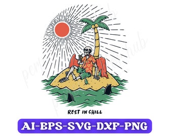 Skull on Holiday Svg, Chilling Skull, Rest in Chill, Funny Skeleton Svg, Skeleton Holiday Svg, Png, Vector File, Summer Svg, T-shirt Svg