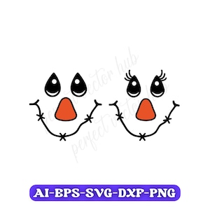 May include: A vector graphic featuring two stylized scarecrow faces. Each face has black teardrop-shaped eyes, an orange triangle nose, and a stitched smile. One face has eyelashes. The bottom banner reads: AI-EPS-SVG-DXP-PNG.