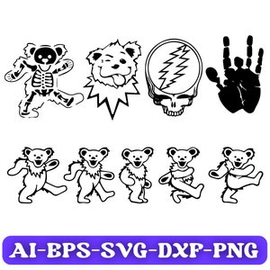 May include: Black and white vector illustrations of a dancing bear, a skull with lightning bolts, a hand with three fingers raised, and a bear with a tongue sticking out. There are also five dancing bears in a row.