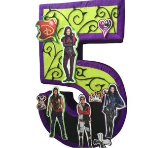 May include: A large number 5 birthday decoration with a purple border and green interior. The number is decorated with images of characters from the movie "Descendants", including an apple, heart, and crown.