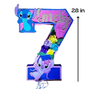 Piñata Stitch & Angel 28” | Personalizada con nombre y edad | Fiesta temática Lilo and Stitch | Azul, morado y flores | Incluye palo