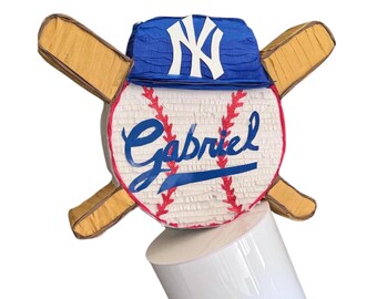 Piñata Pelota de Béisbol | Branca e Azul | Personalizável com nome |22 pol.
