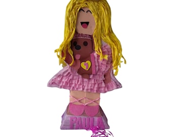 Piñata de jogadora do Roblox com animal de estimação | Rosa e marrom, festa gamer