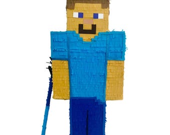 Piñata Steve Minecraft | Celeste e Azul Pixelado | Fiesta Gamer | Varios Tamaños