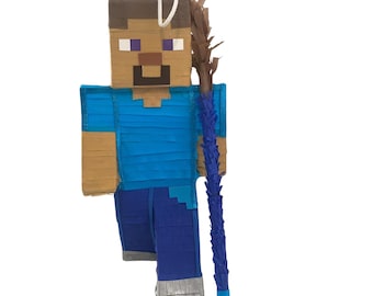 Piñata Steve de Minecraft Caminhando | Azul Pixelado | Fiesta Gamer | Varios Tamaños