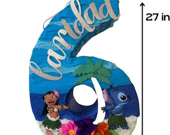 Piñata Lilo & Stitch 27” | Fiesta tropical infantil | Azul, verde y flores | Incluye palo