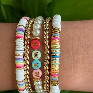 clay bead bracelet customizable jewelry gift for her stackable bracelet mothers day gift handmade bracelet mama bracelet gold bead bracelet