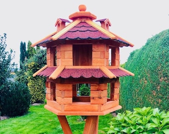 DARLUX Vogelvilla L Sechseck Doppelstock Holz Vogelhaus + Ständer Braun/ Rot Garten Vogelfutterhaus Wetterfest