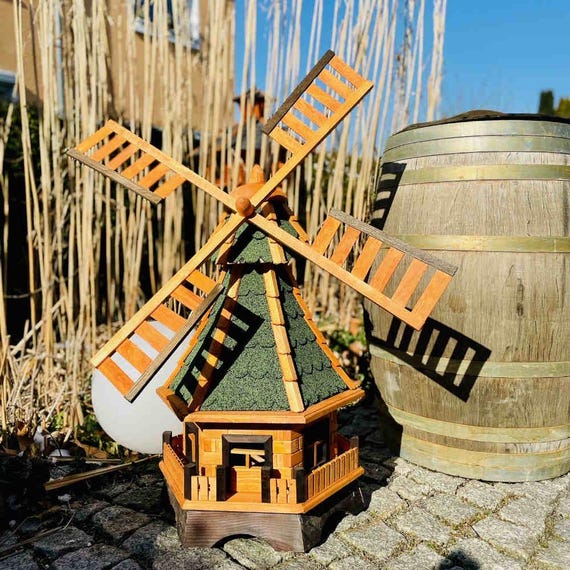 Moulin à Vent De Jardin Hexagonal En Bois Naturel - Hauteur 91 Cm, Ailes 66 Cm, Roulement à Billes, Fabrication Artisanale