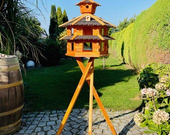 DARLUX Vogelvilla XXL Sechseck Doppelstock Vogelhaus + Ständer Braun/ Schwarz Garten Vogelfutterhaus Wetterfes