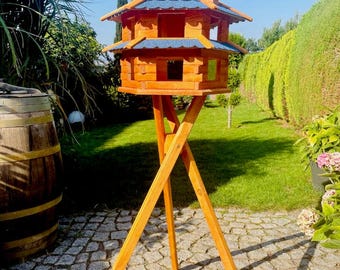 DARLUX Vogelvilla XXL Sechseck Doppelstock Vogelhaus + Ständer Braun/ Blau Garten Vogelfutterhaus Wetterfest