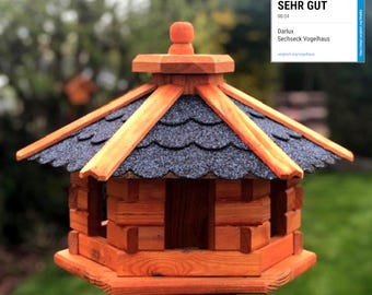 Mangeoire Oiseaux XXL Hexagonale En Bois – Résistante Intempéries Avec Toit Bardeaux Bitumés – Bleu/Marron