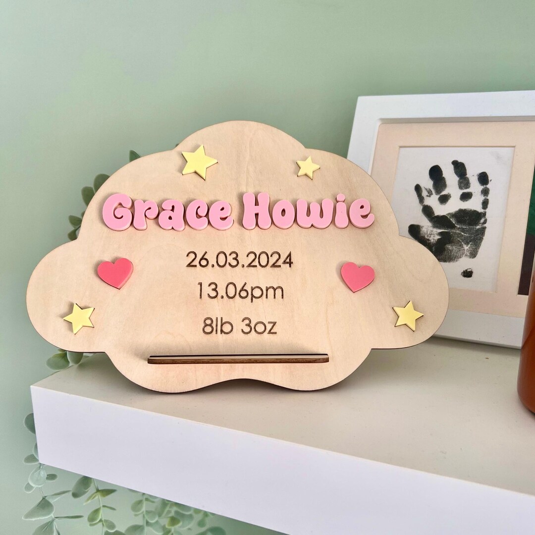 Personalized Wooden Baby Birth Stats Plaque With Acrylic Name - Custom ...