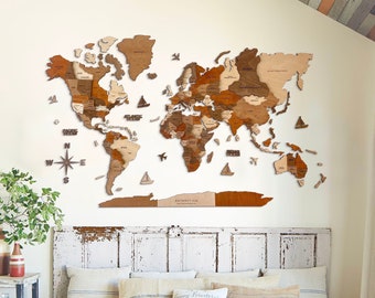 Decowoodmap wall decoration, 3D wooden world map, multicolor world map, travel gift, new home decoration, vintage map