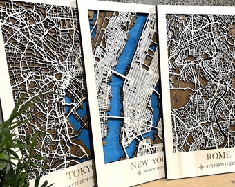 Anniversary gift, Wooden map of the cities, 3D geographical map, Wooden painting for decor, Gift for new home, Home wall Art