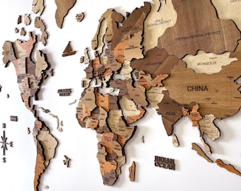 Mappamondo Decowoodmap, Planisfero in legno, Mappa del Mondo 3d in legno con Flags pins, Decorazione Casa Nuova, Arredamento Arte da Parete