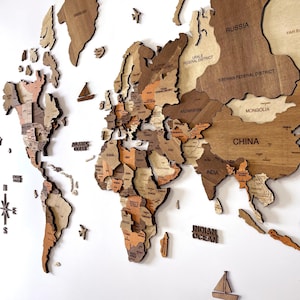 Decowoodmap Carte du monde, carte du monde en bois, carte du monde 3D en bois avec épingles de drapeau, nouvelle décoration de maison, décoration murale