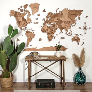 Holz-Weltkartendekoration, Wohnwanddekoration, Geschenk für Reisende, Decowoodmap-Wandkunst, 3D-Weltkarte mit Flaggen