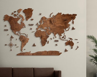 Wooden World Map for New Home Wall, Decowoodmap Walnut World Map, Decoration for Travelers, Anniversary Gift Wall Art