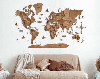Home decoration, Multicolor wooden world map, 3D Decowoodmap, Wooden World Map, Gift for travellers, Home wall Decor