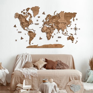 Décoration de la maison, Carte du monde en bois multicolore, Decowoodmap 3D, Carte du monde en bois, Cadeau pour les voyageurs, Décoration murale de la maison