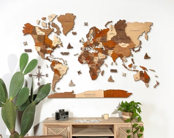 World Map by Decowoodmap, Gift for Travelers, Home Wall Decoration, Multicolor Wooden 3D Map, Anniversary Gift