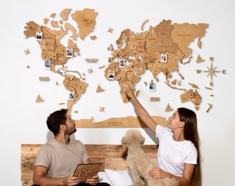 Decowoodmap Wooden Wall World Map, 3D Wooden World Map, Office Decor, Home Decoration, Gift for Travelers