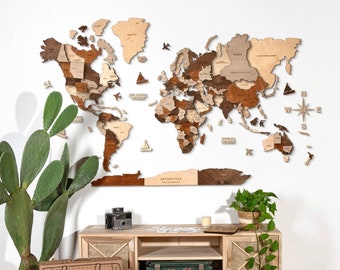 3D Wooden World Map, Home Wall Decoration, Decowoodmap World Map, Travelers Gift, Office Decor Multicolor Map