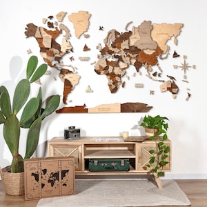 Mappa del Mondo in legno 3d, Decorazione da parete di casa, Planisfero Decowoodmap, Regalo Viaggiatori, Arredamento ufficio Mappa Multicolor
