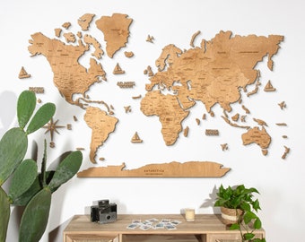 Wooden world map, Gift for travellers, Decowoodmap Light world map, Wall decoration for new home, Wall globe