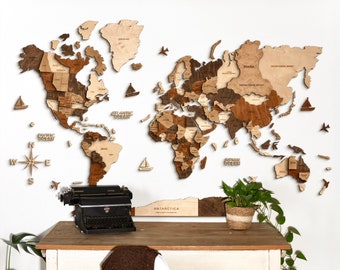 Wall decoration for home, World Map by Decowoodmap, Gift for Travelers, 3D Multicolor Wooden Map, office decoration