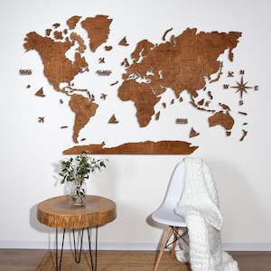 Globe mural, Carte du monde en bois, Cadeau pour le mur d'une nouvelle maison, Decowoodmap Carte du monde en acajou, Décoration pour les voyageurs