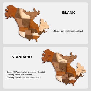 K&ouml;nnte beinhalten: Zwei Holz-Karten von Nordamerika, eine mit beschrifteten Bundesstaaten und Provinzen und die andere leer. Die Karten bestehen aus verschiedenen Holzschattierungen und haben ein nat&uuml;rliches, rustikales Aussehen.