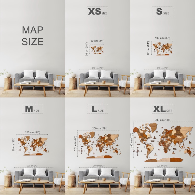 K&ouml;nnte beinhalten: Ein Puzzle einer Weltkarte aus Holz in verschiedenen Gr&ouml;&szlig;en, von XS bis XL. Die Karte ist aus Holz und hat ein braunes und beiges Farbschema. Die Karte ist an einer wei&szlig;en Wand mit einem Sofa davor zu sehen. Die Gr&ouml;&szlig;en sind in Zoll und Zentimetern angegeben.