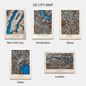Puede incluir: Un conjunto de cinco mapas de ciudades en 3D, cada uno con una ciudad diferente: Nueva York, Ámsterdam, Roma, Londres y Tokio. Los mapas están cortados con láser de madera y tienen un esquema de color marrón y blanco. Cada mapa incluye el nombre de la ciudad y las coordenadas.