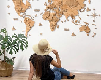 Mapa del mundo de madera Decowoodmap, mapa del mundo 3D, decoración de pared para el hogar, globo terráqueo de oficina, regalo para viajeros, mapa de pared, alfileres