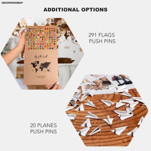 K&ouml;nnte beinhalten: Nahaufnahme einer Weltkarte aus Holz mit Stecknadeln in Form von Flugzeugen und Flaggen. Der Text "Fly the World" ist auf der Karte gedruckt. Der Text "20 Planes Push Pins" und "291 Flags Push Pins" ist unter dem Bild gedruckt.